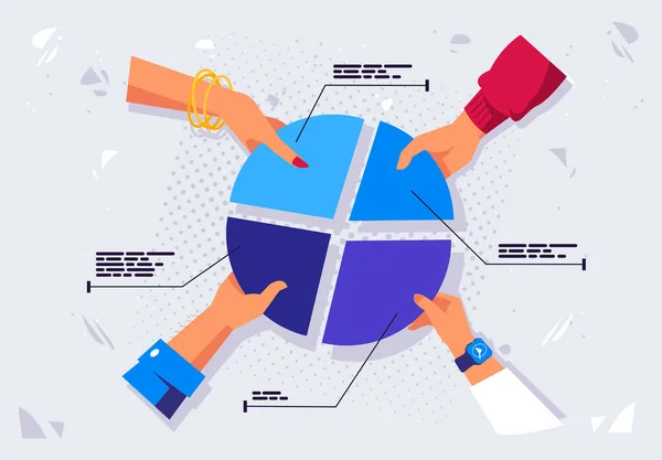 Vektor Illustration Händer Som Håller Bitar Radiell Diagram Ovanifrån Marknadsföringsstrategi — Stock vektor