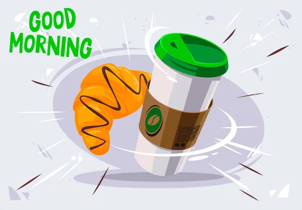 Vektorová Ilustrace Šálku Kávy Čokoládovým Croissantem Snídaně Dobrým Ránem — Stockový vektor