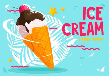 Vector illustration of ice cream with waffle cone, chocolate icing and cherry, on a background with a tropical motif