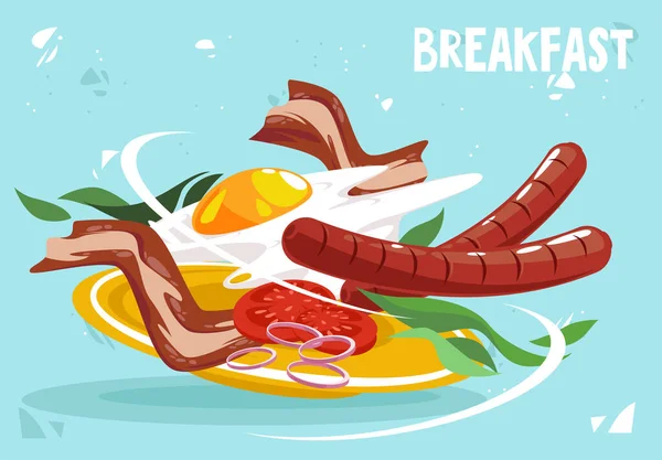 Ilustração Vetorial Café Manhã Ovos Mexidos Com Salsichas Fatias Bacon — Vetor de Stock
