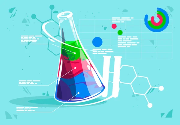 3種類の液体を持つ化学フラスコのベクトル図 化学液体の説明 化学組成分析のグラフィック要素とグラフ — ストックベクタ
