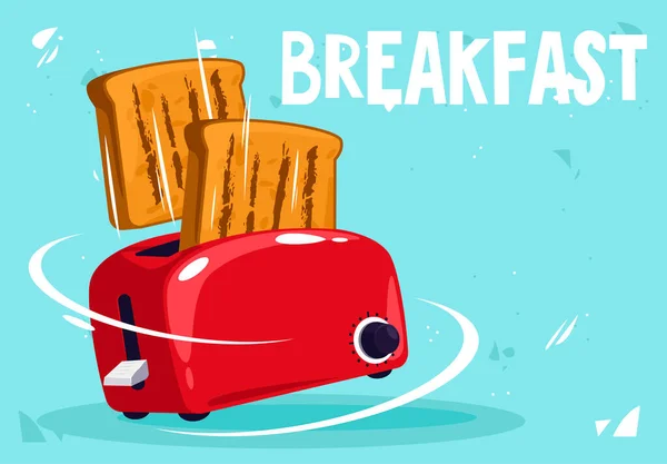  Kızarmış ekmek dilimli kırmızı bir tost makinesinin vektör çizimi, kahvaltıda ekmek.