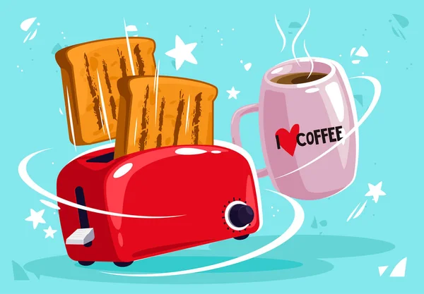 パンのトーストスライスを飛んで赤いトースターのベクトルイラスト コーヒーの大きなカップで朝食のためのパン — ストックベクタ