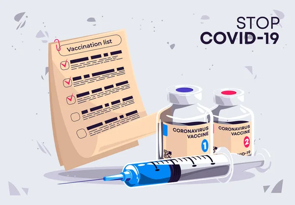 Vektorillustration Vaccinationslista Med Ett Covid Vaccin Och Medicinsk Spruta — Stock vektor