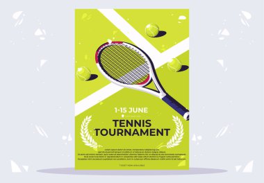    Tenis turnuvası için minimalist bir posterin vektör çizimi. Tenis kortunda açık yeşil topları olan bir tenis raketi.