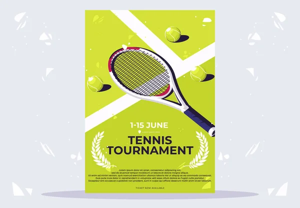 テニストーナメントのためのミニマルポスターのベクトルイラストテニスコートに横にライトグリーンのボールを持つテニスラケット — ストックベクタ