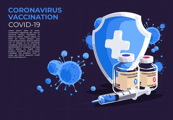 Illustrazione Vettoriale Del Modello Vaccinazione Covid Coronavirus Flacone Vaccino Vetro — Vettoriale Stock