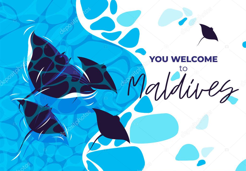 Vector illustration of a welcome banner with sea rays in the sea, top view, you welcome to maldives