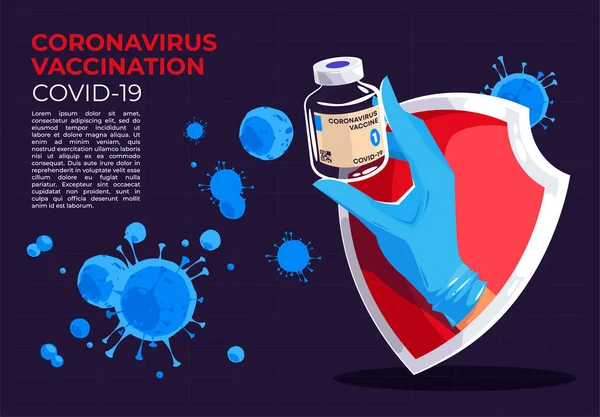 Vektor Illustration Hand Hålla Glasflaska Med Coronavirus Vaccin Sköld Skydd — Stock vektor