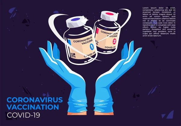 Vektor Illustration Två Händer Som Håller Glasbehållare Med Covid Coronavirus — Stock vektor