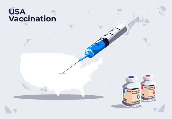 用Covid 19疫苗玻璃瓶绘制的美国地图上的医疗注射器 美国疫苗接种模板 的矢量图解 为美国提供了一个注射器 — 图库矢量图片