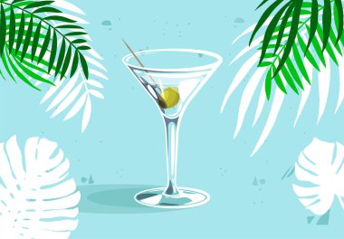  Arkaplanda tropik yapraklar olan alkollü bir içeceğin içinde zeytin bulunan cam martini bardağının vektör çizimi