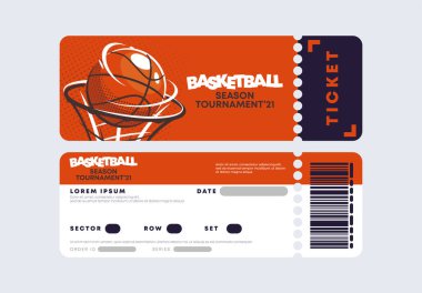     vector illustration of a basketball tournament entrance ticket template, front and back, flat design, basketball ball in a ring
