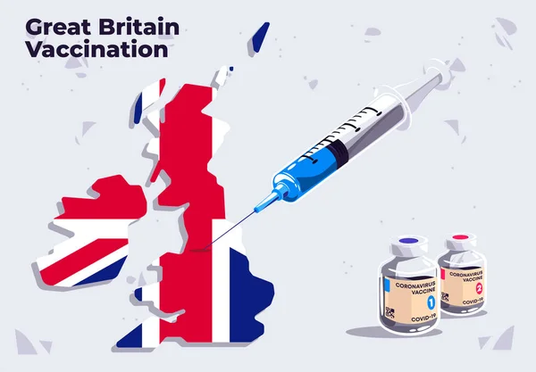 Vektorová Ilustrace Lékařské Stříkačky Vakcinační Šablonou Pro Velkou Británii Mapě — Stockový vektor