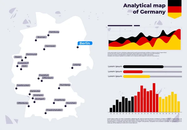 Vektorová Ilustrační Analytická Mapa Německa Městy Infografická Šablona Pro Německo — Stockový vektor