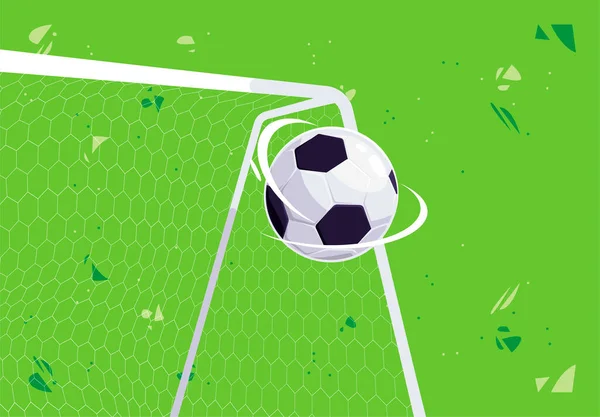 Ilustração Vetorial Uma Bola Futebol Voando Gol Futebol Fundo Verde — Vetor de Stock