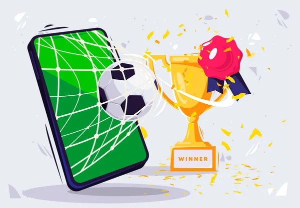 Ilustração Vetorial Gol Marcado Smartphone Taça Vencedor Com Confete Dourado — Vetor de Stock