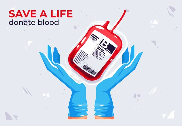寄付された血液の袋を持っている医療用手袋の手のベクトルイラスト 命を救う 献血血液 — ストックベクタ