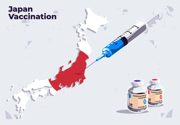 Vektorová Ilustrace Japonské Vakcinační Šablony Lékařské Stříkačky Mapě Japonska Skleněnými — Stockový vektor