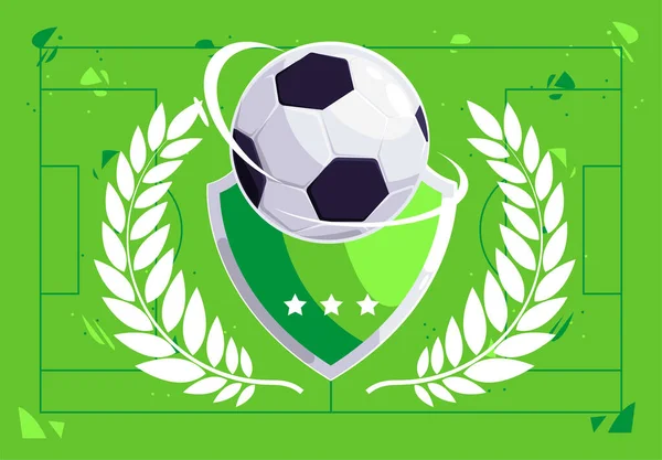 Vector Illustration Football Ball Shield Winner Wreath Green Background Flat — 图库矢量图片