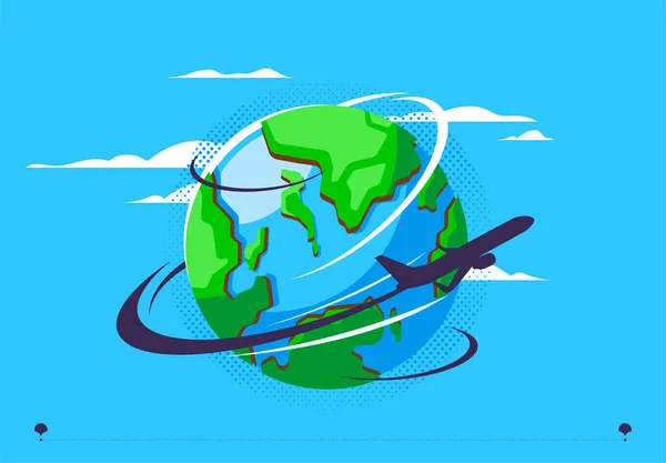 Ilustração Vetorial Silhueta Avião Arredondando Redor Planeta Avião Está Voando — Vetor de Stock