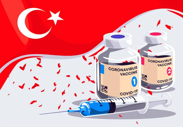 Vector Illustration Covid Vaccine Medical Syringe Flying Flag Turkey Red — Stok Vektör