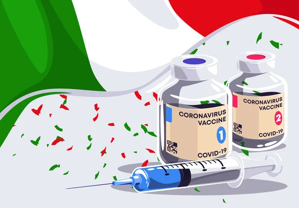 Vector Illustration Covid Vaccine Medical Syringe Flying Flag Italy Red — Stockový vektor