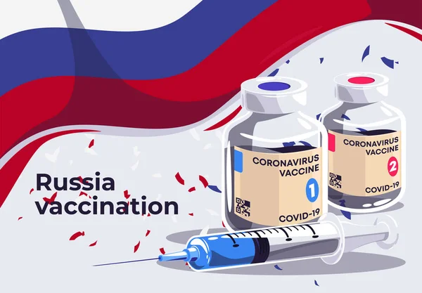 Vector Illustration Covid Vaccine Medical Syringe Flying Flag Russia Red — Stockový vektor