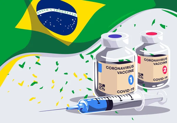 Vector Illustration Covid Vaccine Medical Syringe Flying Flag Brazil Red — Stok Vektör