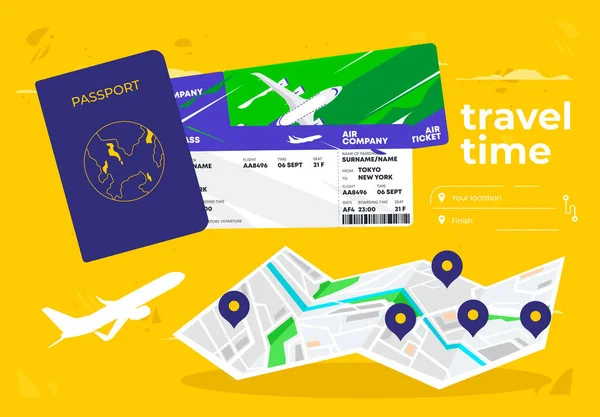 Διανυσματική Απεικόνιση Διαβατηρίου Πολίτη Αεροπορικά Εισιτήρια Χρόνο Ταξιδιού Έντυπο Χάρτη — Διανυσματικό Αρχείο