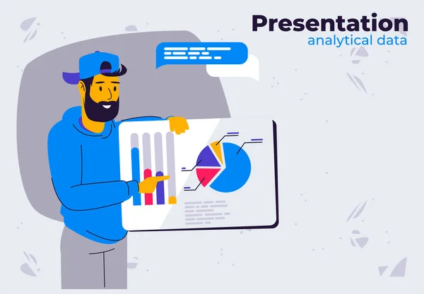 Vector Illustration Man Making Presentation Analytical Data Graphs Marketing Research — Image vectorielle