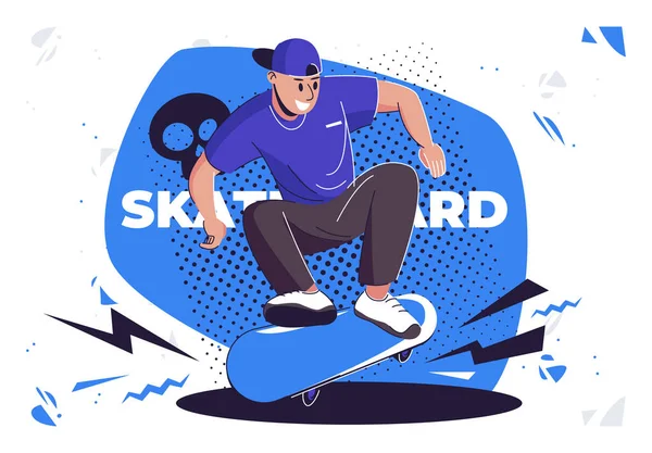 Vector Illustration Man Cap Riding Skateboard Doing Trick Skateboard Flat — Stok Vektör