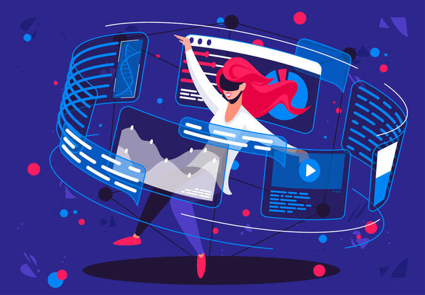Vector illustration of a girl in virtual reality glasses in the air, clouds with projection graphical analysis around — Stock Illustration Vector Illustration Girl Virtual Reality Glasses Air Clouds Projection Graphical — Stock Vector