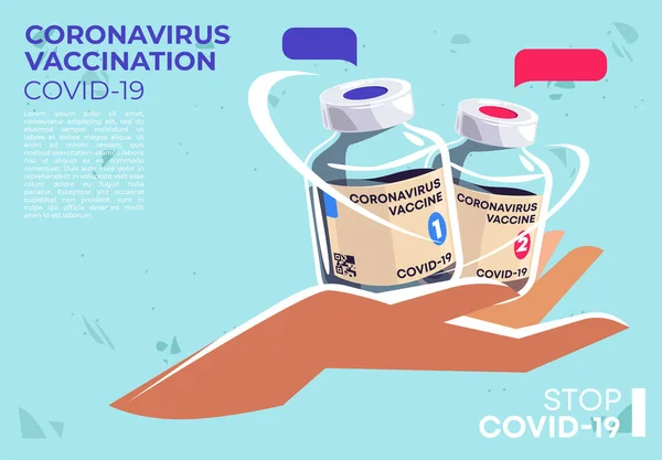 Vektorillustration Mänsklig Hand Som Håller Glasflaskor Med Covid Coronavirus Vaccin — Stock vektor