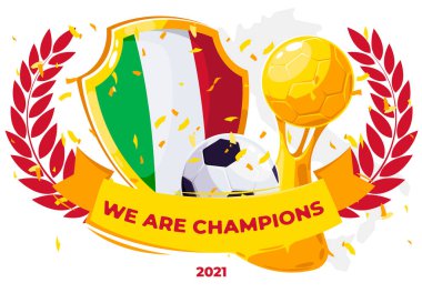 Bir grup nesnenin vektör çizimi, İtalyan bayraklı bir kalkan, futbol toplu bir altın kupa, yazılı bir altın kurdele biz şampiyonuz, kazananın altın konfetisi, İtalya Avrupa Şampiyonu