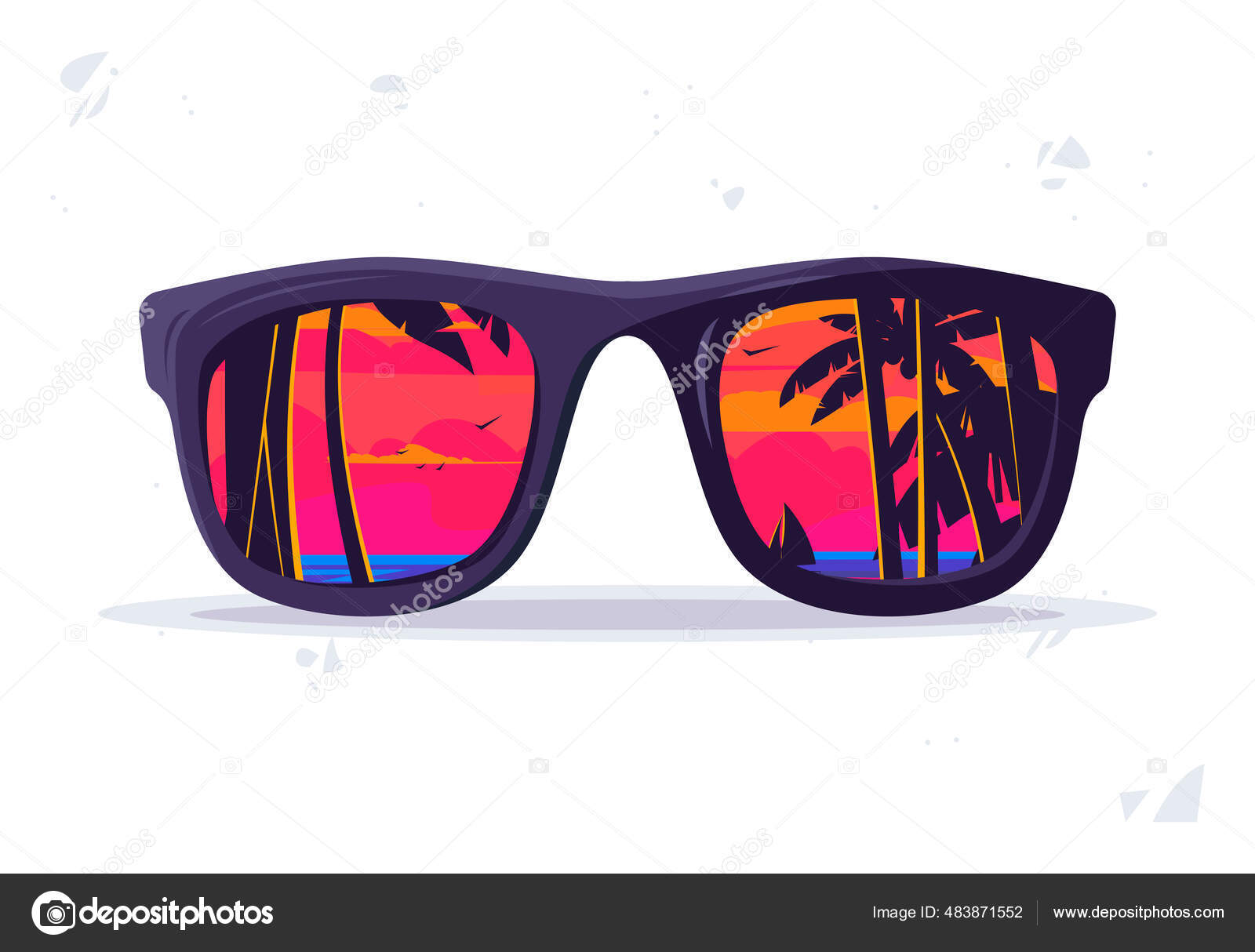 太阳镜的矢量图解沙滩上的日落倒影眼镜中的棕榈树图库矢量图©Leonid_studio 483871552, image size:1600x1214