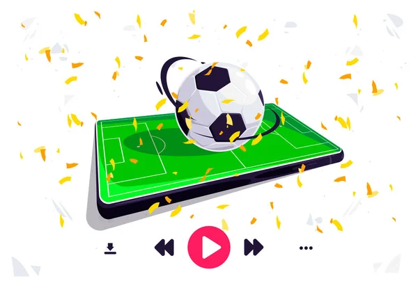 Wektorowa Ilustracja Boiska Piłkarskiego Ekranie Telefonu Komórkowego Piłka Nożna Leży — Wektor stockowy