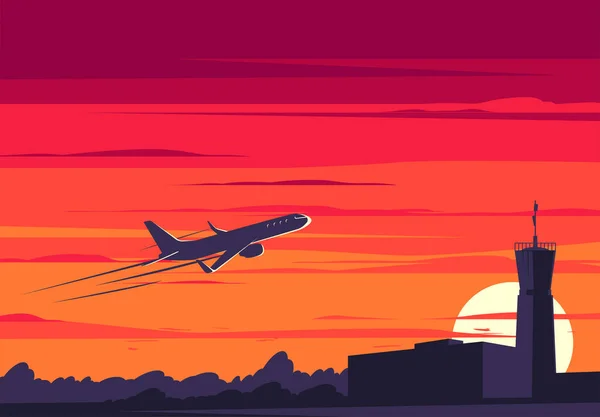 Векторная Иллюстрация Взлета Самолета Аэропорта Фоне Заката — стоковый вектор
