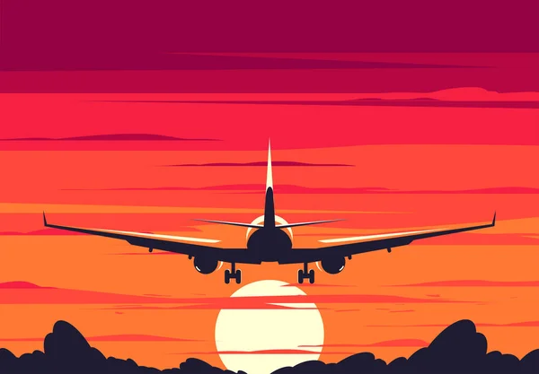 Ilustración Vectorial Avión Despegando Vista Trasera Sobre Fondo Atardecer — Archivo Imágenes Vectoriales