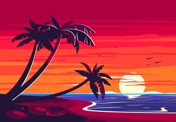Vector illustration of a beach landscape with palm trees, sea view with clouds on the background of sunset