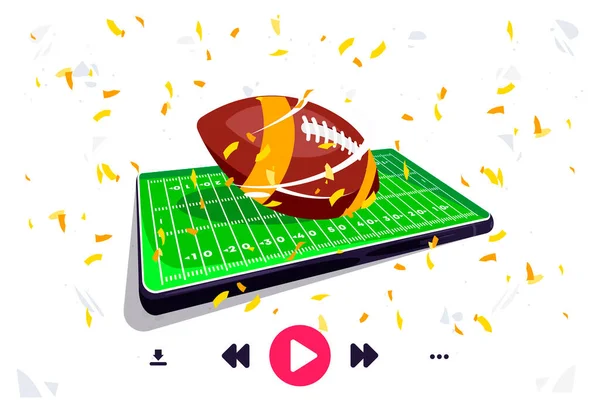 携帯電話の画面にアメリカのサッカー場のベクトル図は サッカーボールは サッカー場の中心部に位置し スマートフォン 黄金のコンフェッティを介してプレーヤーを使用してオンライン放送 — ストックベクタ