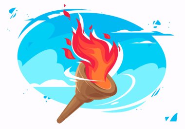  Mavi gökyüzünün arka planında alevler olan, bulutlu ahşap bir meşalenin vektör çizimi