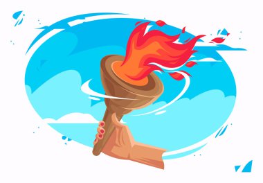  Mavi bulutlu gökyüzünün arka planında yanan bir meşaleyi tutan bir elin vektör çizimi