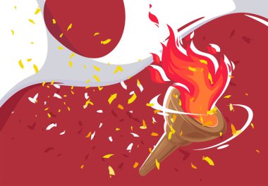 Japon bayrağının arka planında yanan bir meşalenin vektör illüstrasyonunu kazanan kişinin altın konfetiyle