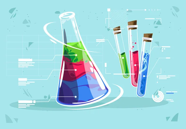 様々な液体を持つ3つの小さなガラス管を持つ化学フラスコのベクトル図 化学液体の説明 化学組成分析のグラフィック要素とグラフ 元素のグラフィック未来的なデザイン — ストックベクタ
