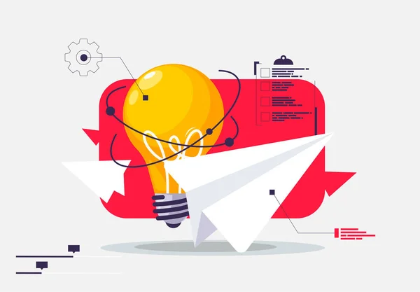 Векторная Иллюстрация Светящейся Лампочки Концепция Большой Идеи Бумажный Самолет Концепция Лицензионные Стоковые Иллюстрации