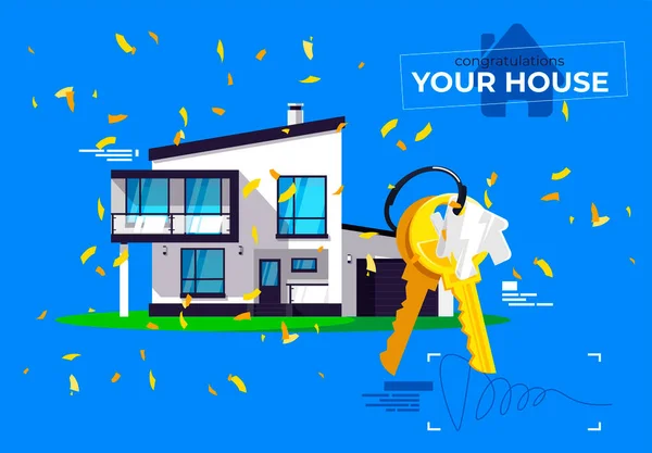 Vector Illustration Country Modern House House Keys Golden Confetti Congratulations Stock Illustration