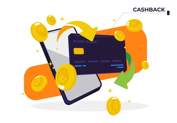 Векторна Ілюстрація Повернення Готівки Банківська Картка Мобільним Телефоном Золотими Монетами Ліцензійні Стокові Вектори