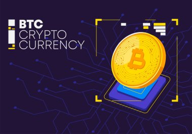  Bir şifreleme biriminin altın sikkesinin vektör çizimi veri işleme çizgileri olan bir bilgisayar çipinin üzerinde yatar.