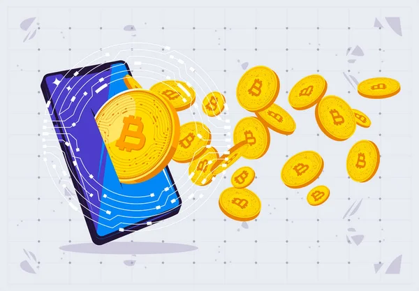 Ilustração Vetorial Smartphone Com Moedas Ouro Criptomoeda Moedas Voam Para —  Vetores de Stock